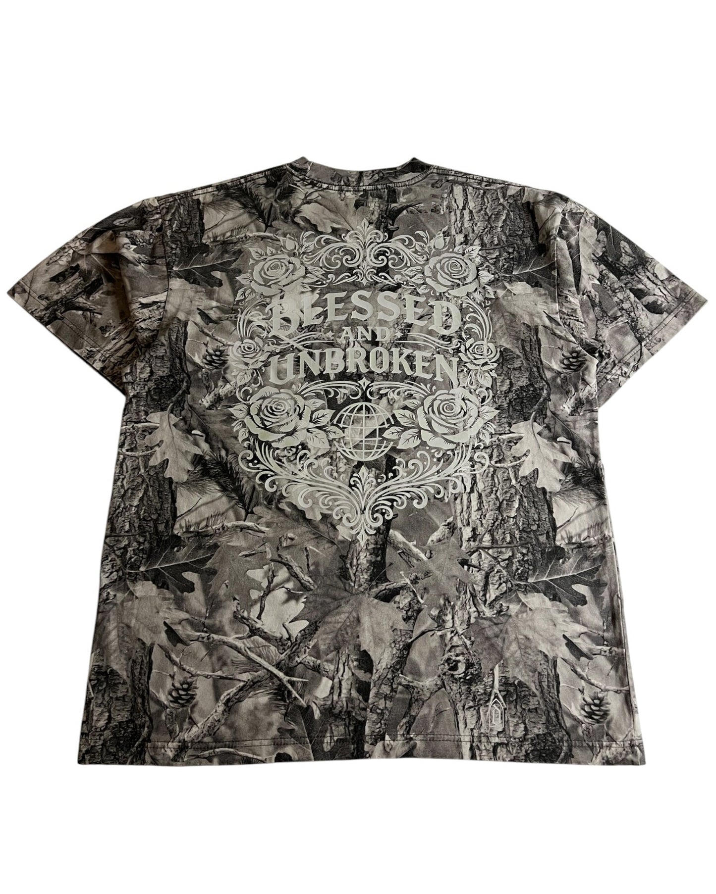 Premium Blessed and Unbroken Grey Wood Camo Heavyweight Cotton Tee
